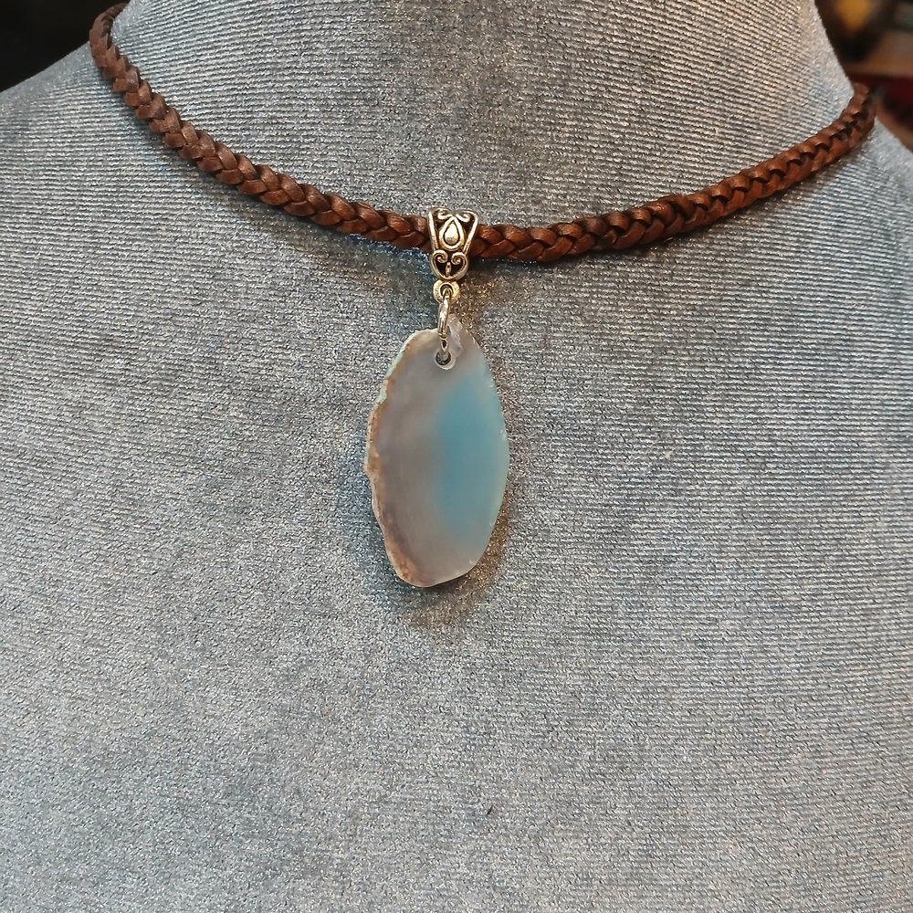 Braided Brown Leather Choker with Blue Agate Pendant